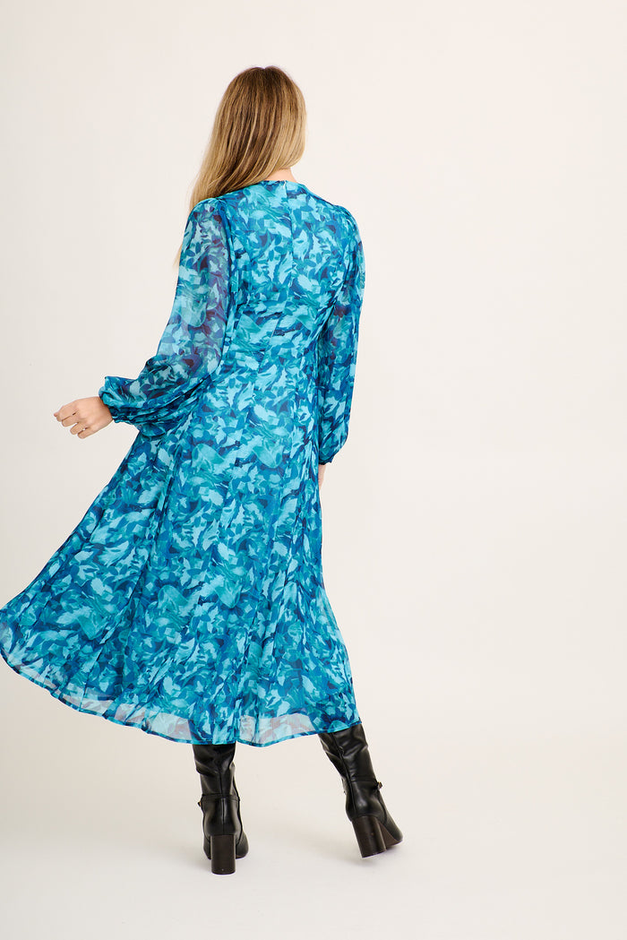 Lily Anne Maxi Dress in Teal Watercolour Chiffon back