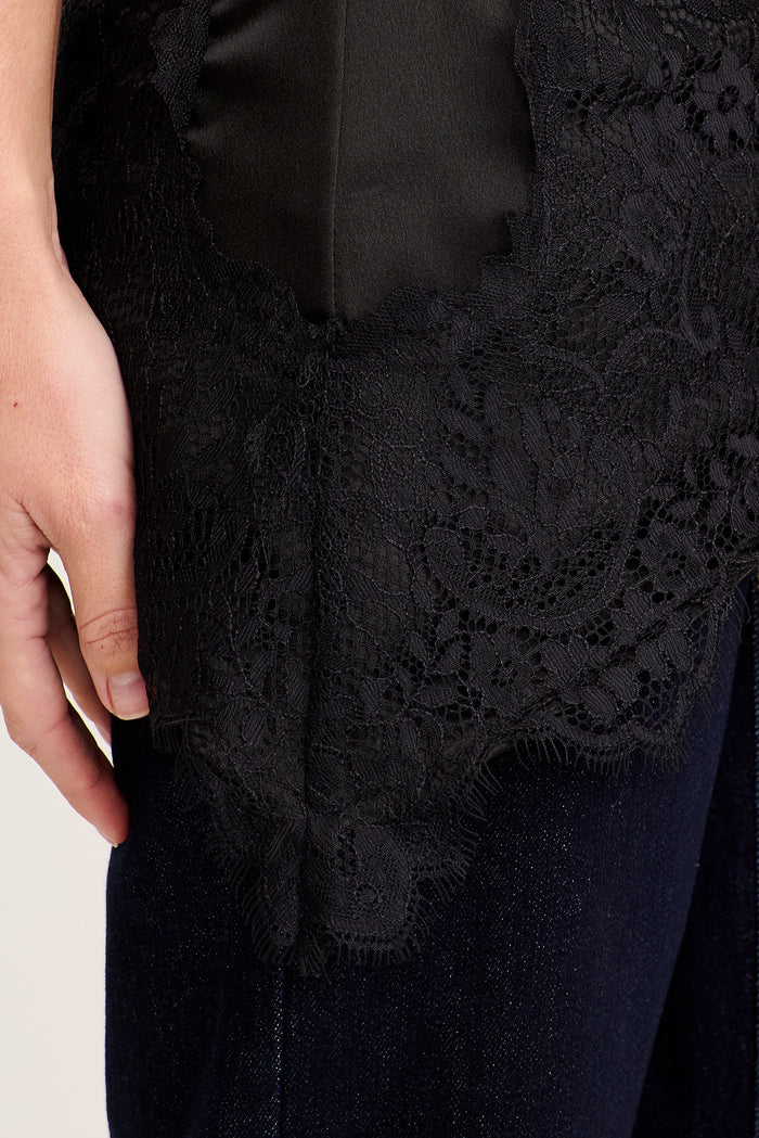 Hailey Off Shoulder Top in Black Satin with Lace Trim detail