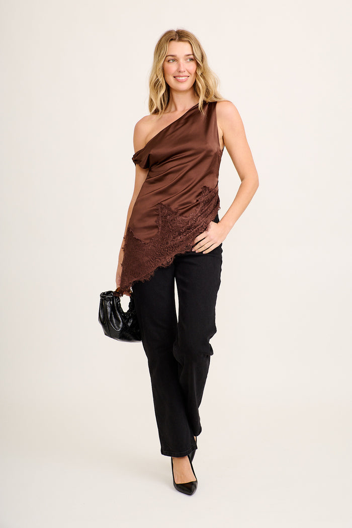 Hailey Off Shoulder Top in Chocolate Satin with Lace Trim full length
