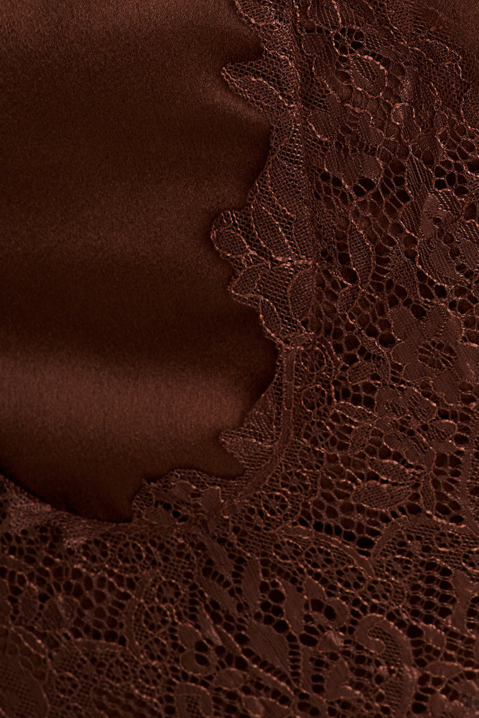 Hailey Off Shoulder Top in Chocolate Satin with Lace Trim fabric