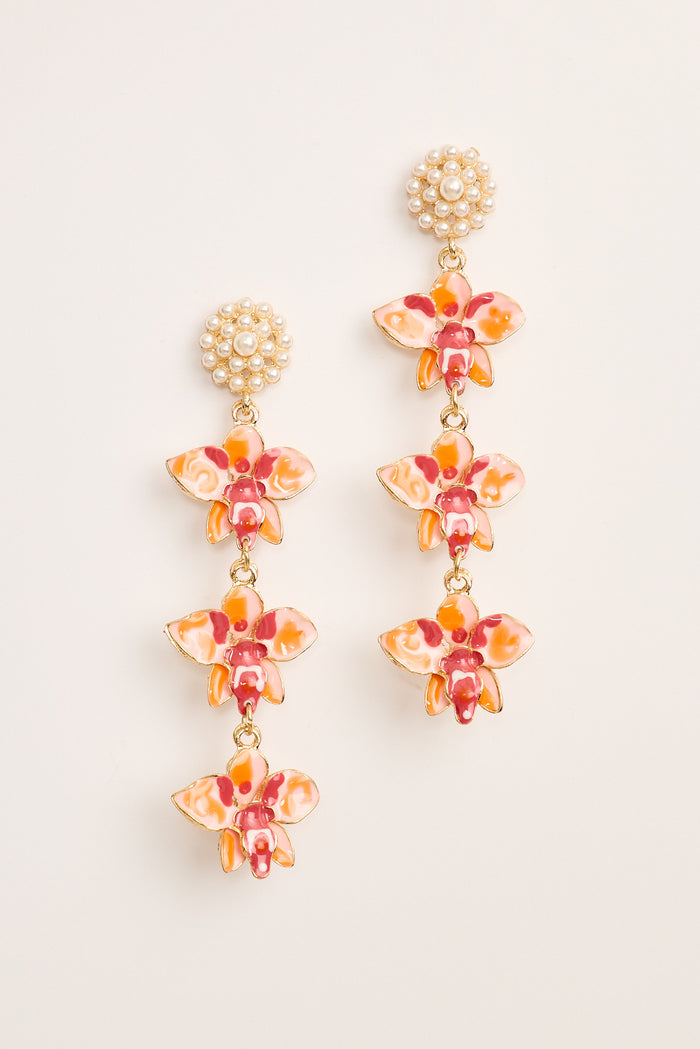 Suri Drop Earrings in Red Floral Cluster with Pearl flatlay