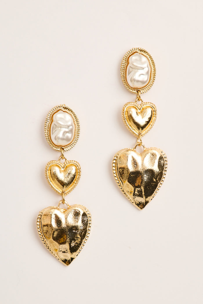 Dahlia Drop Earrings in Gold Heart and Pearl flatlay
