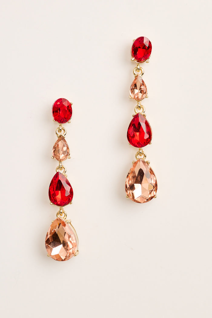 Esme Drop Earrings in Multi Red and Pink Diamante flatlay