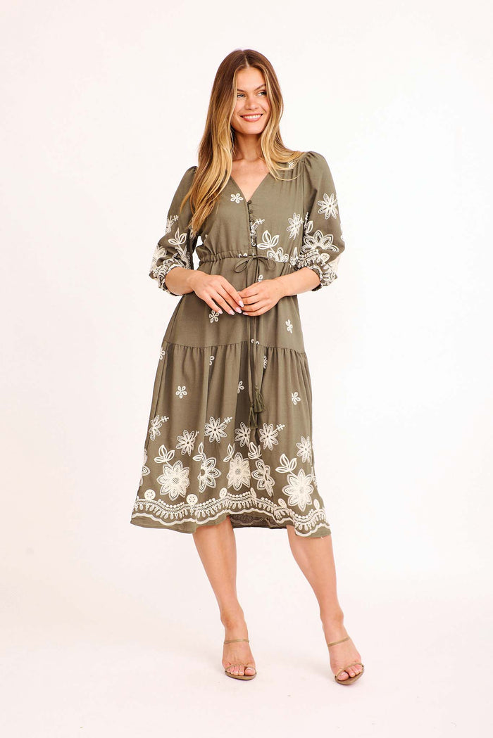 Leon Midi Dress in Khaki Floral Embroidery