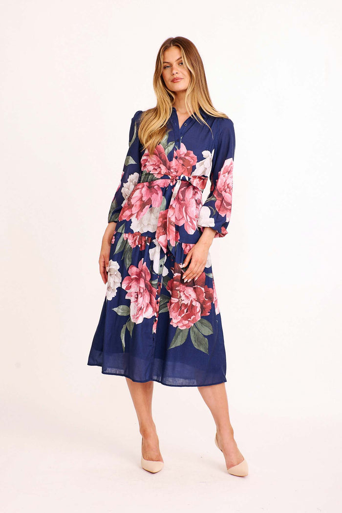 Milani Midi Shirt Dress in Navy Floral Linen Blend