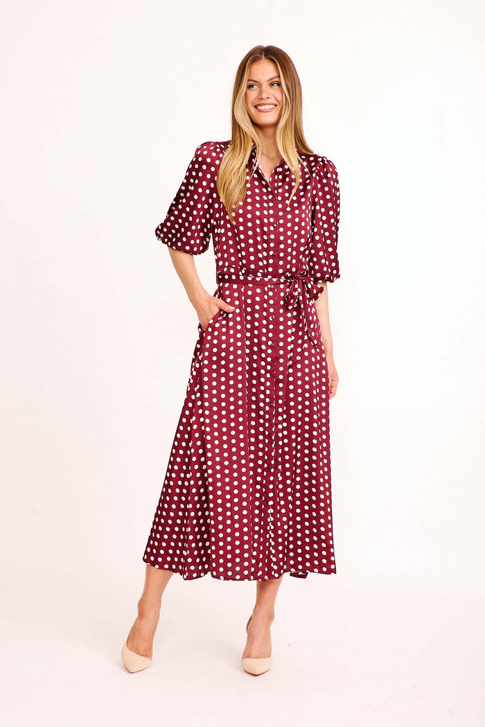 Coco Maxi Shirt Dress in Wine Polka Dot Satin