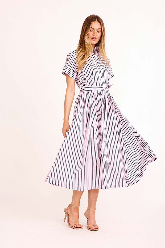 Kai Midi Shirt Dress in Pink Stripe Cotton