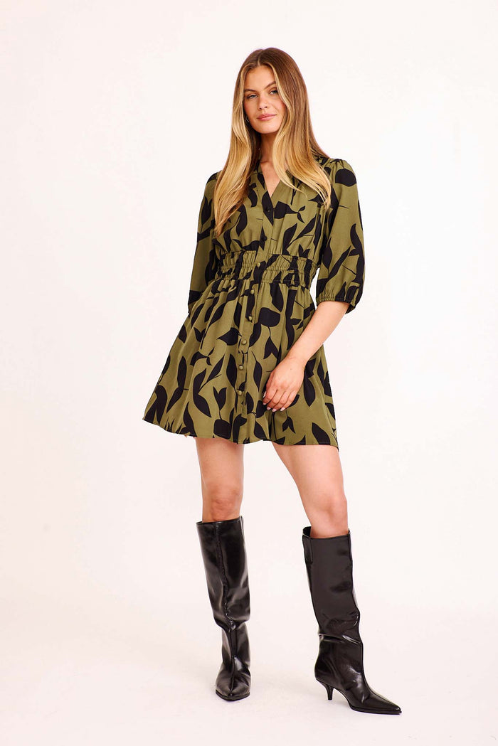 Kalina Dress in Green with Black Print