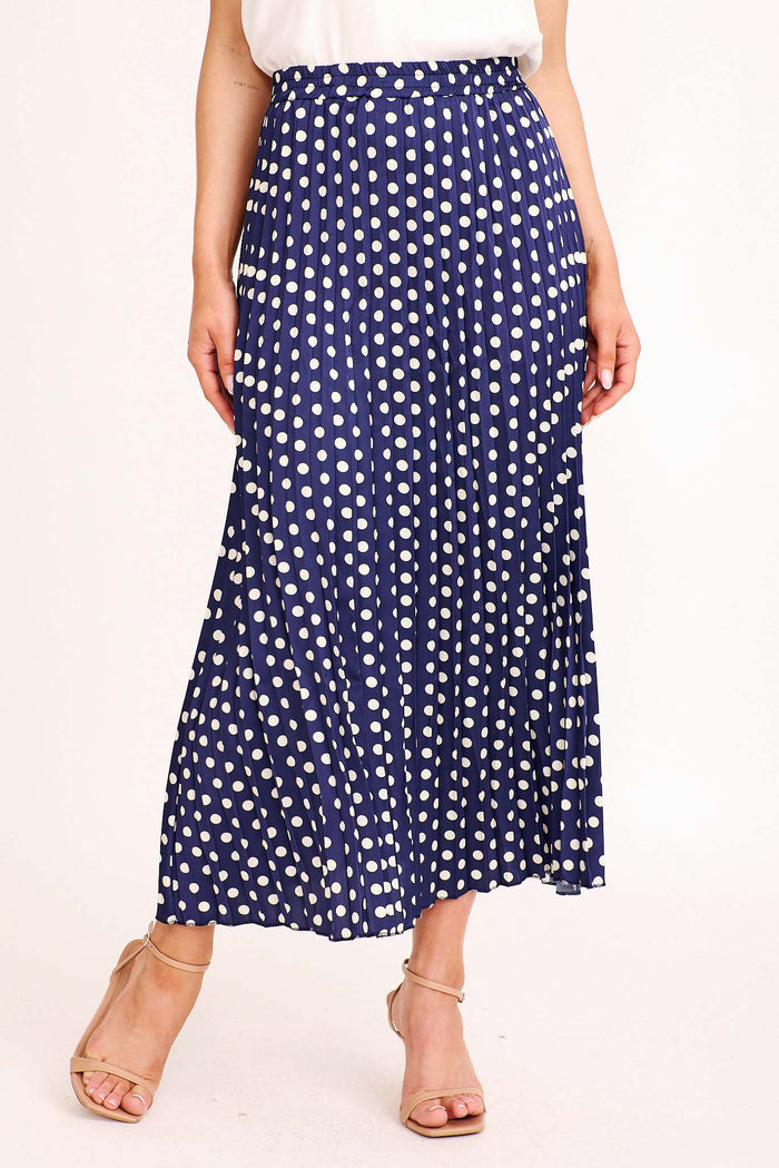 Paulette Maxi Pleat Skirt in Navy Polka Dot Satin