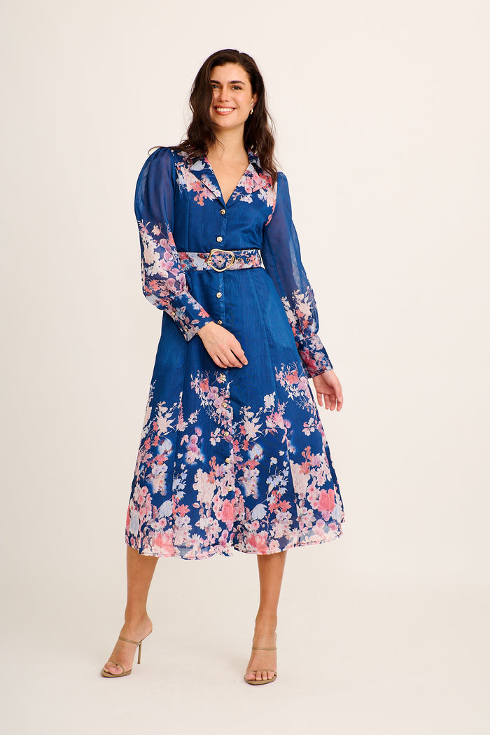 Parlour Maxi Shirt Dress in Navy Floral Dress Linen Blend