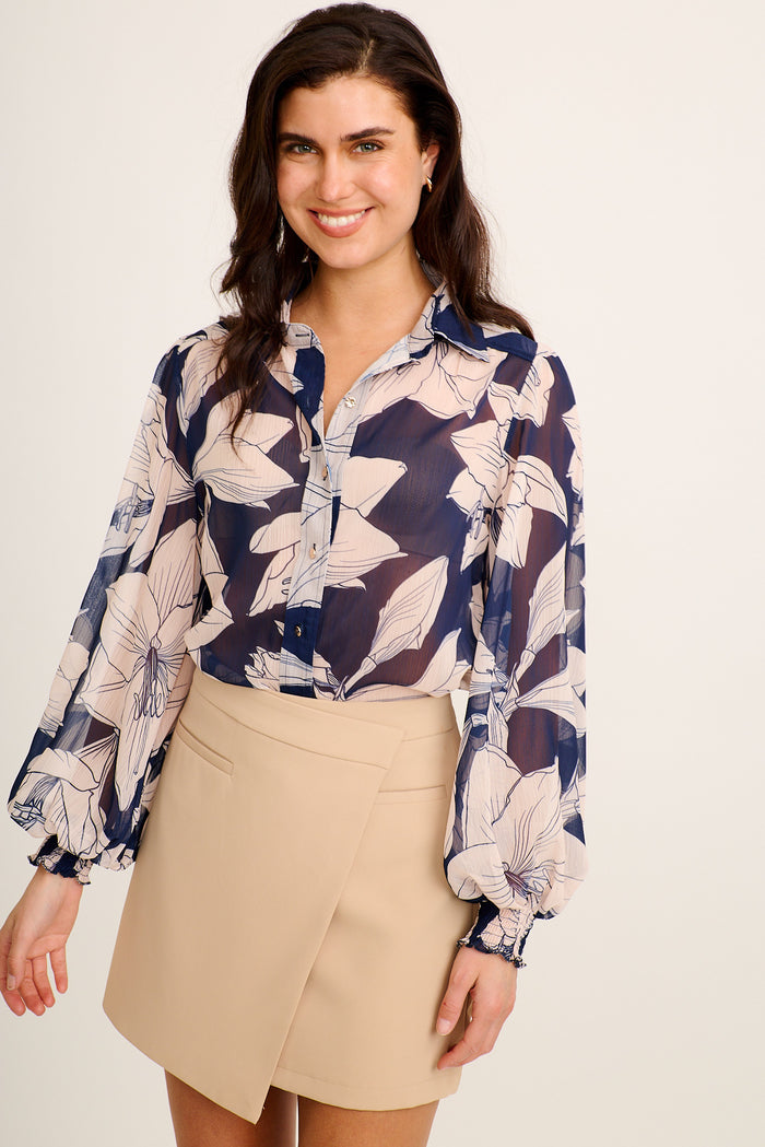 Jacinta Shirt in Navy and Cream Floral Chiffon