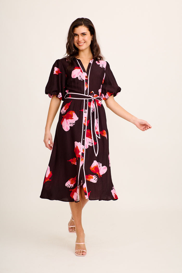 Libra Midi Shirt Dress in Chocolate with Pink Floral Linen Blend