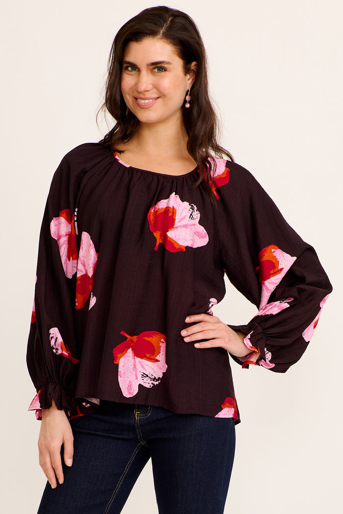 Tavi Top in Chocolate with Pink Floral Linen Blend