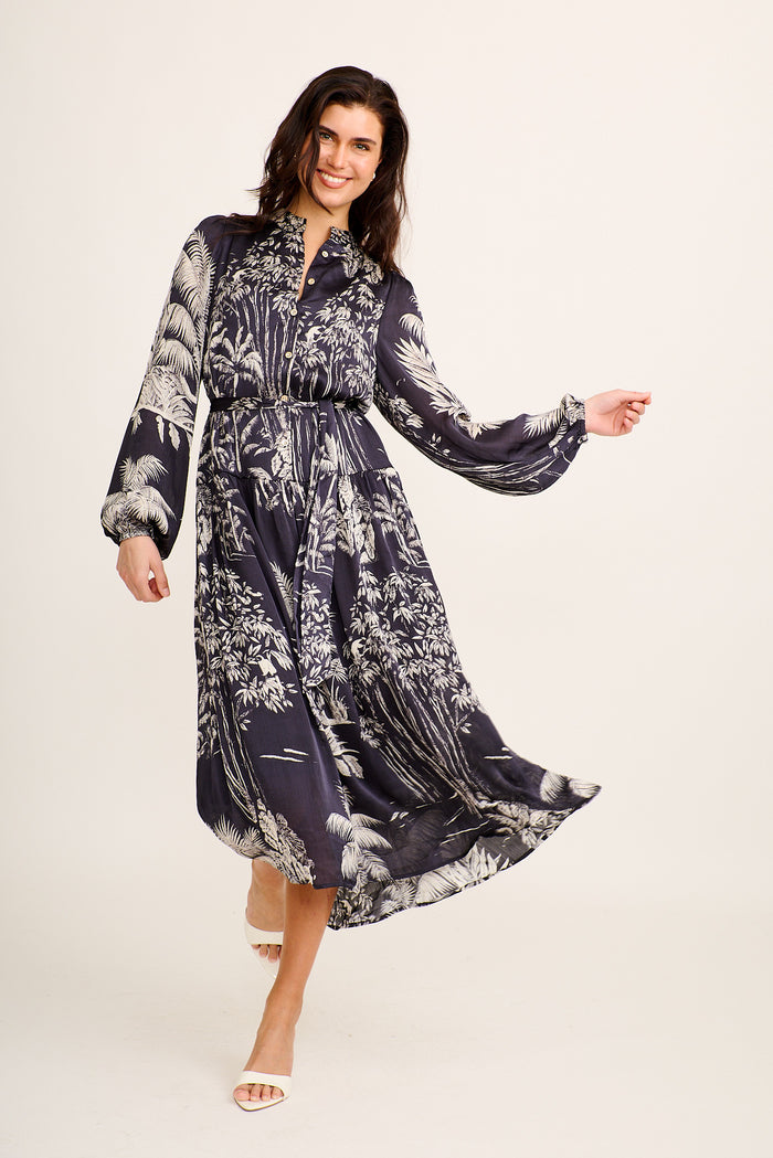 Emile Midi Dress in Navy Palm Tree Silk Blend