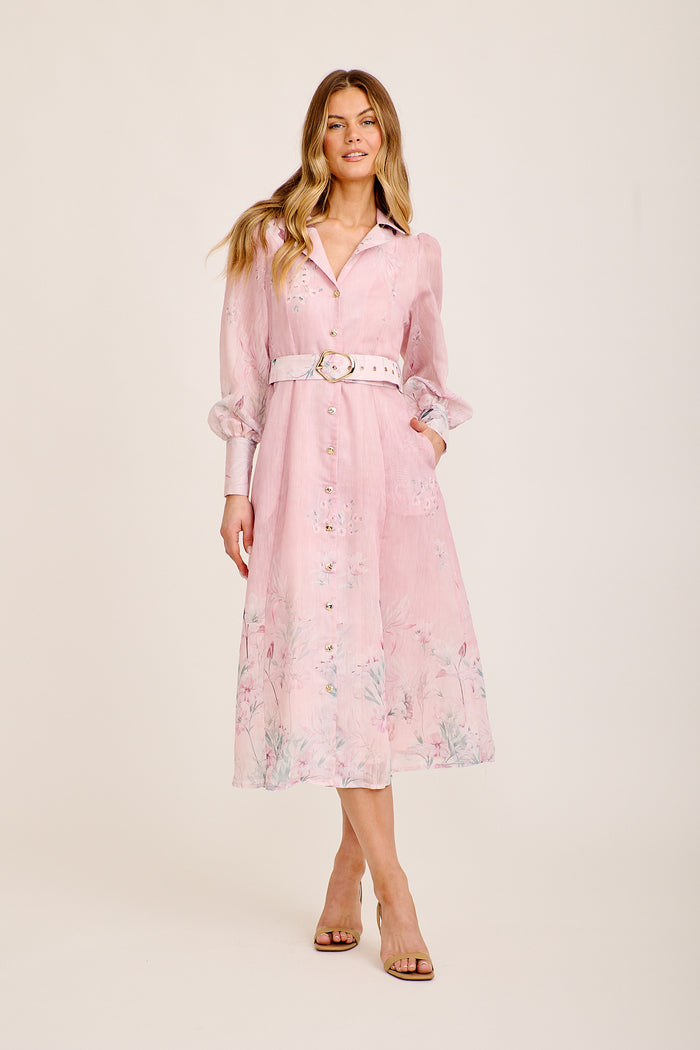 Parlour Maxi Shirt Dress in Pink Floral Linen Blend