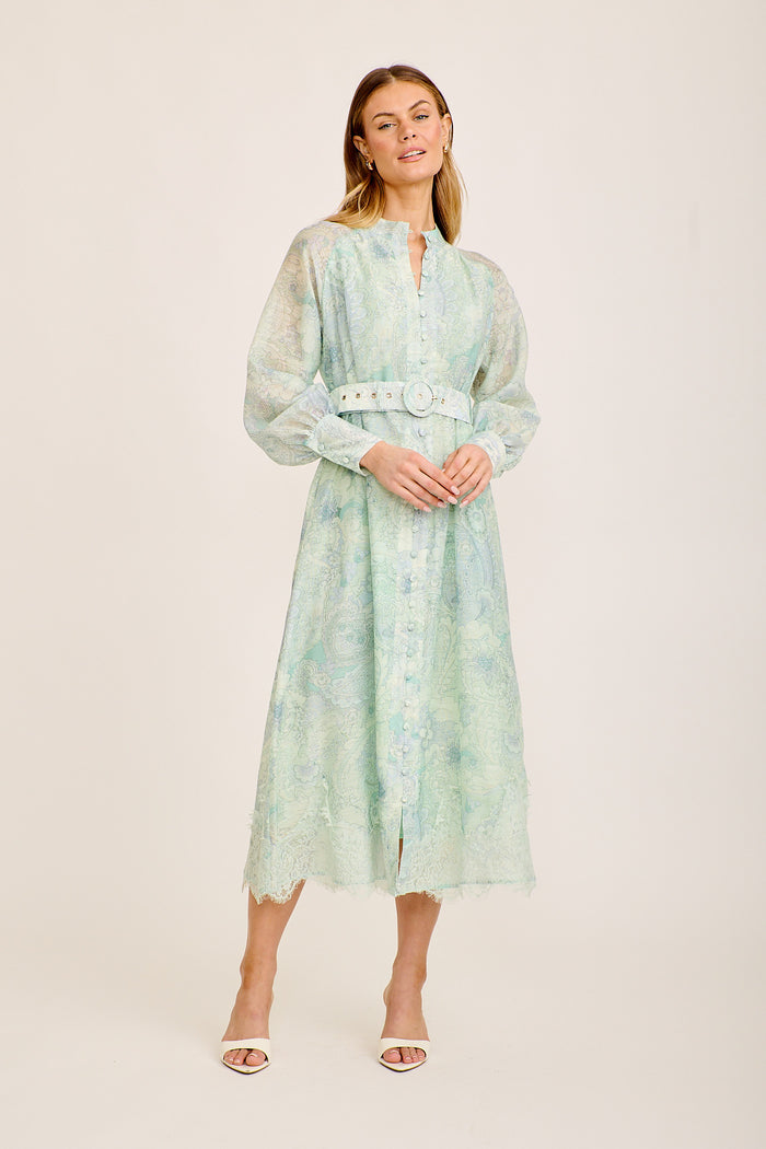 Seasons Maxi Dress in Light Green Floral Linen Blend with Lace