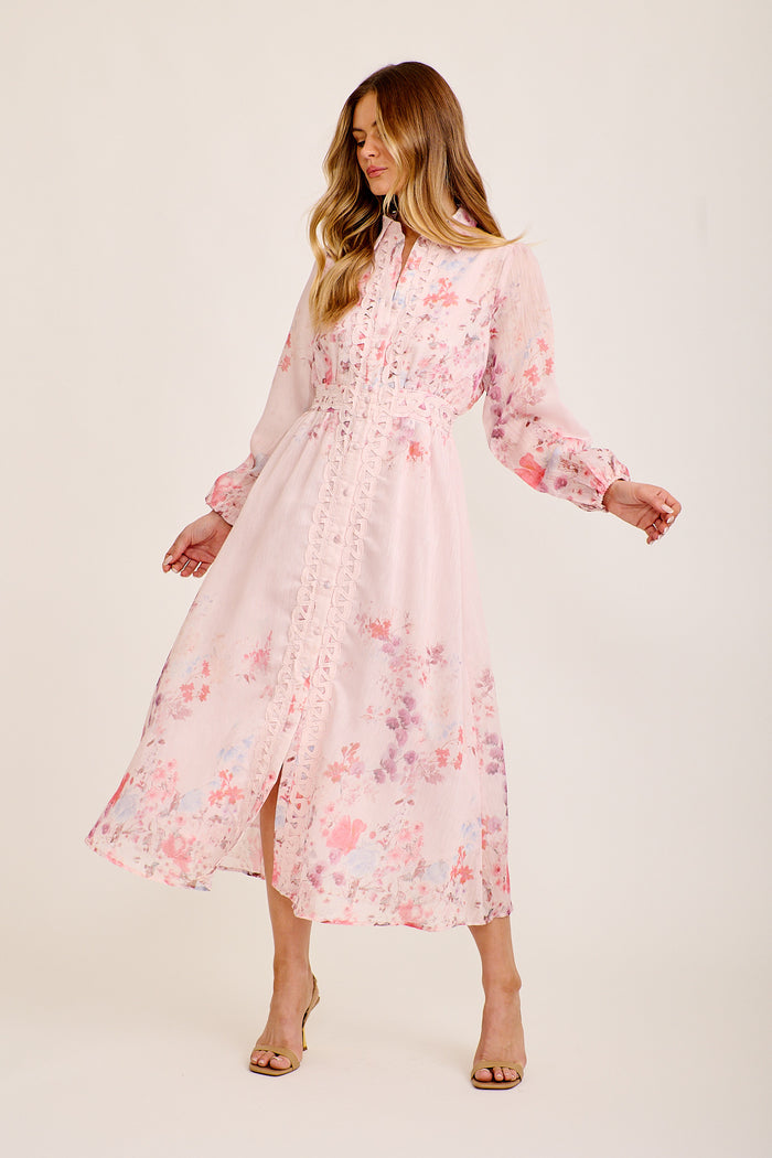 Rosetta Maxi Shirt Dress in Pink Floral Linen Blend