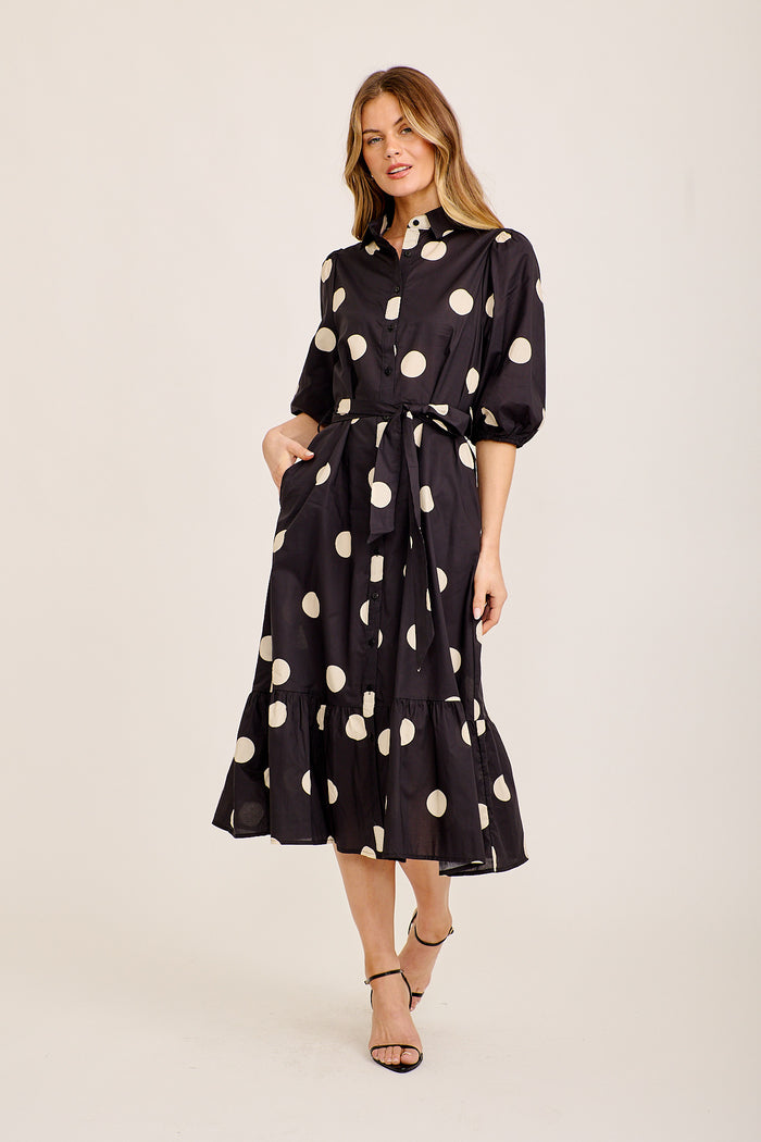 Morgan Midi Shirt Dess in Black Polka Dot Cotton