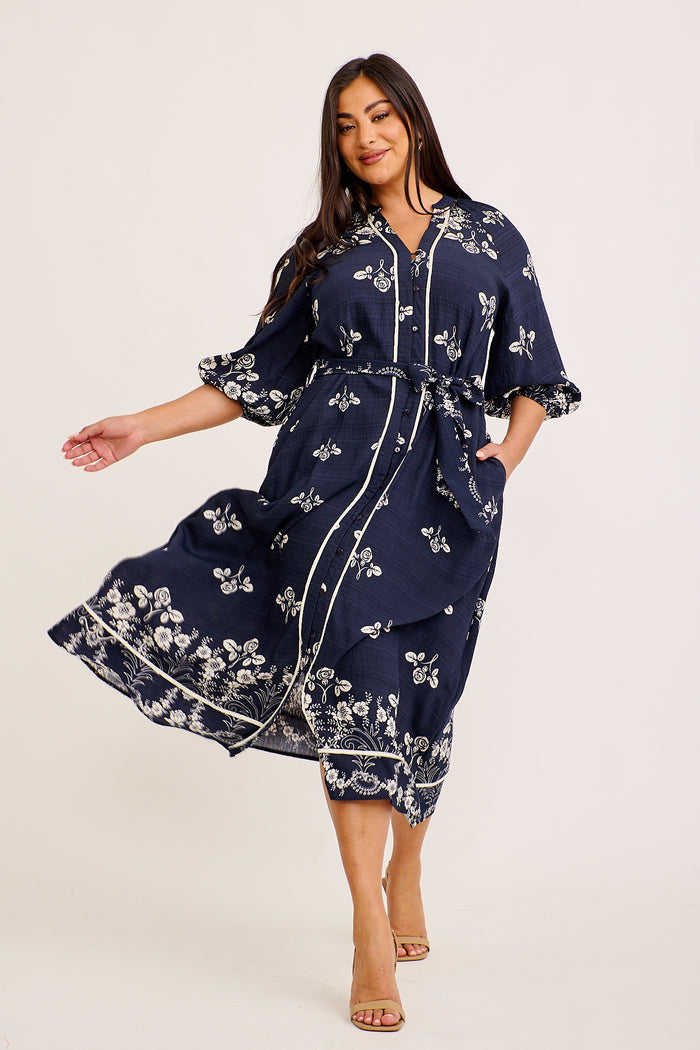 Oliveine Midi Smock Dress in Navy Floral
