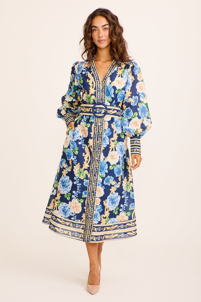 Capri Belle Midi Dress in Navy with Blue Floral