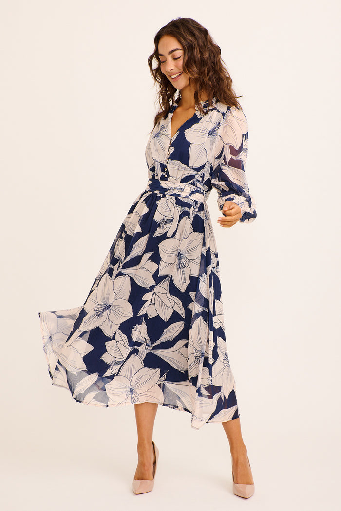 Lustre Midi Dress in Navy and Cream Floral Chiffon