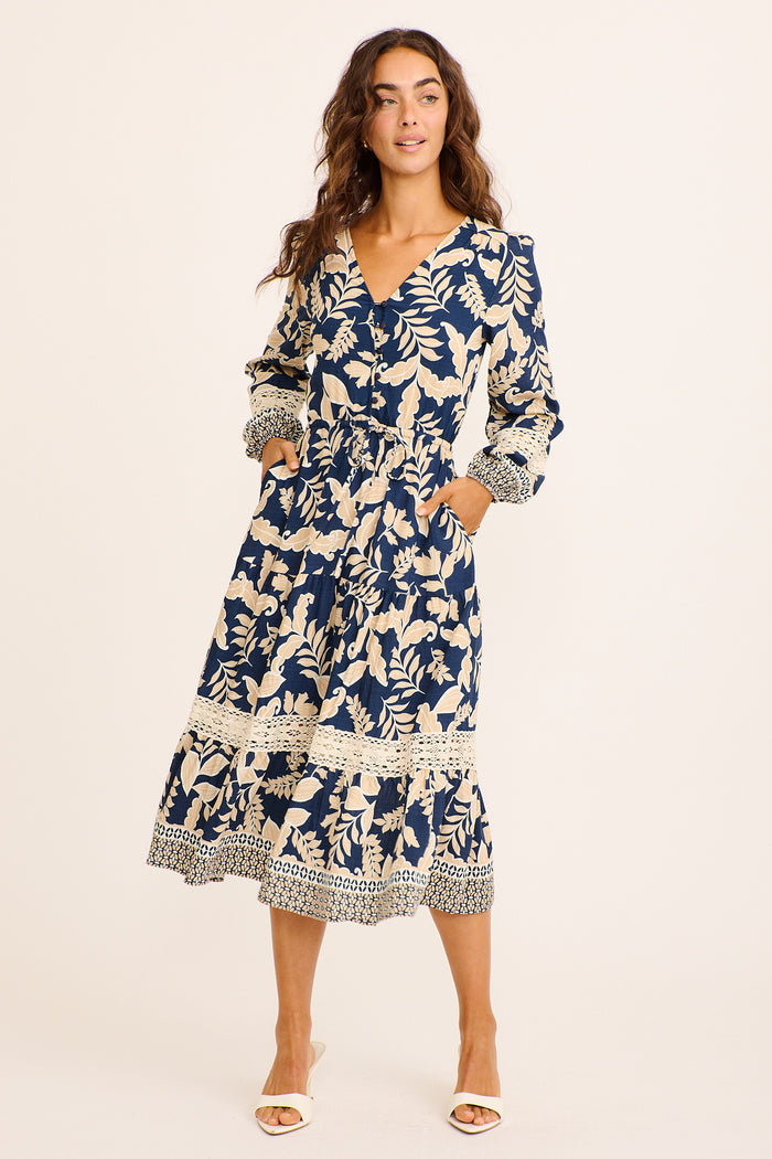 Solene Midi Dress in Navy Leaf Print with Lace Trim