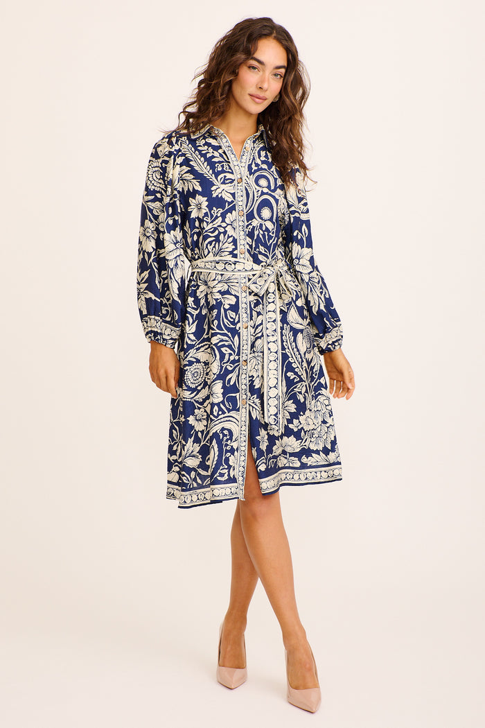 Risa Shirt Dress In Navy with Cream Floral Linen Blend