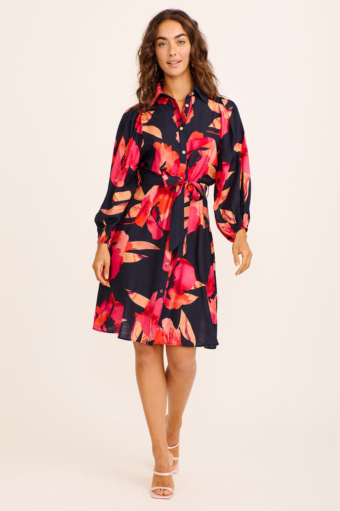 Risa Shirt Dress In Navy with Pink Floral Linen Blend