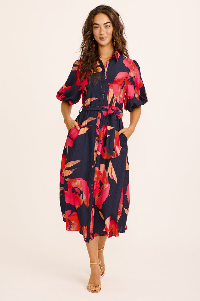 Libra Midi Shirt Dress in Navy with Pink Floral Linen Blend