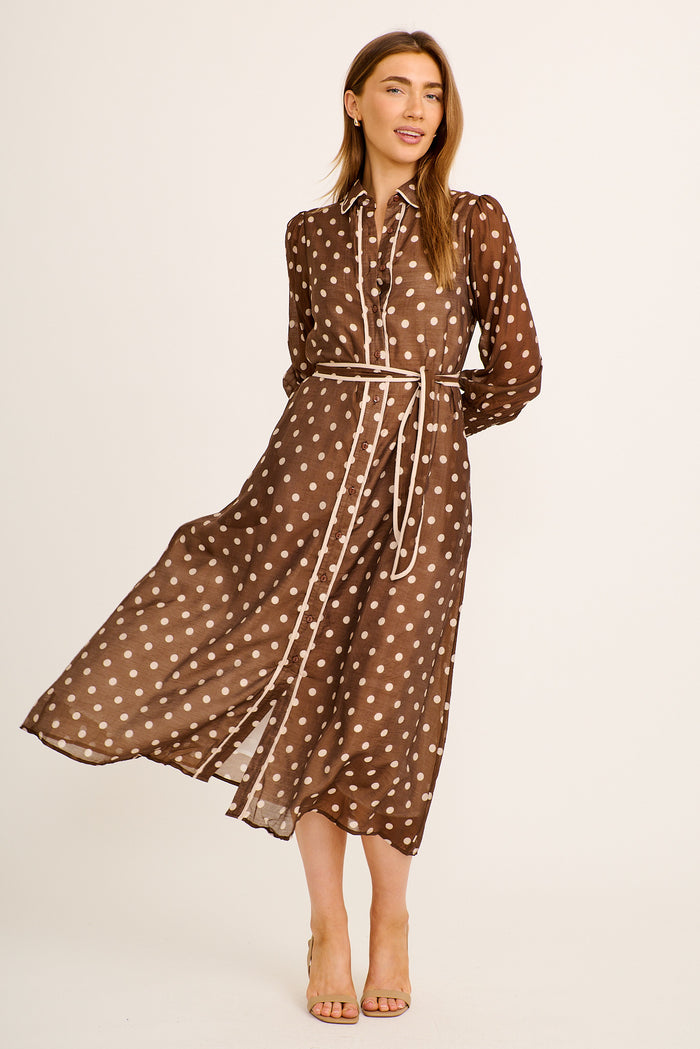Tessa Maxi Shirt Dress in Chocolate Polka Dot Cotton Blend
