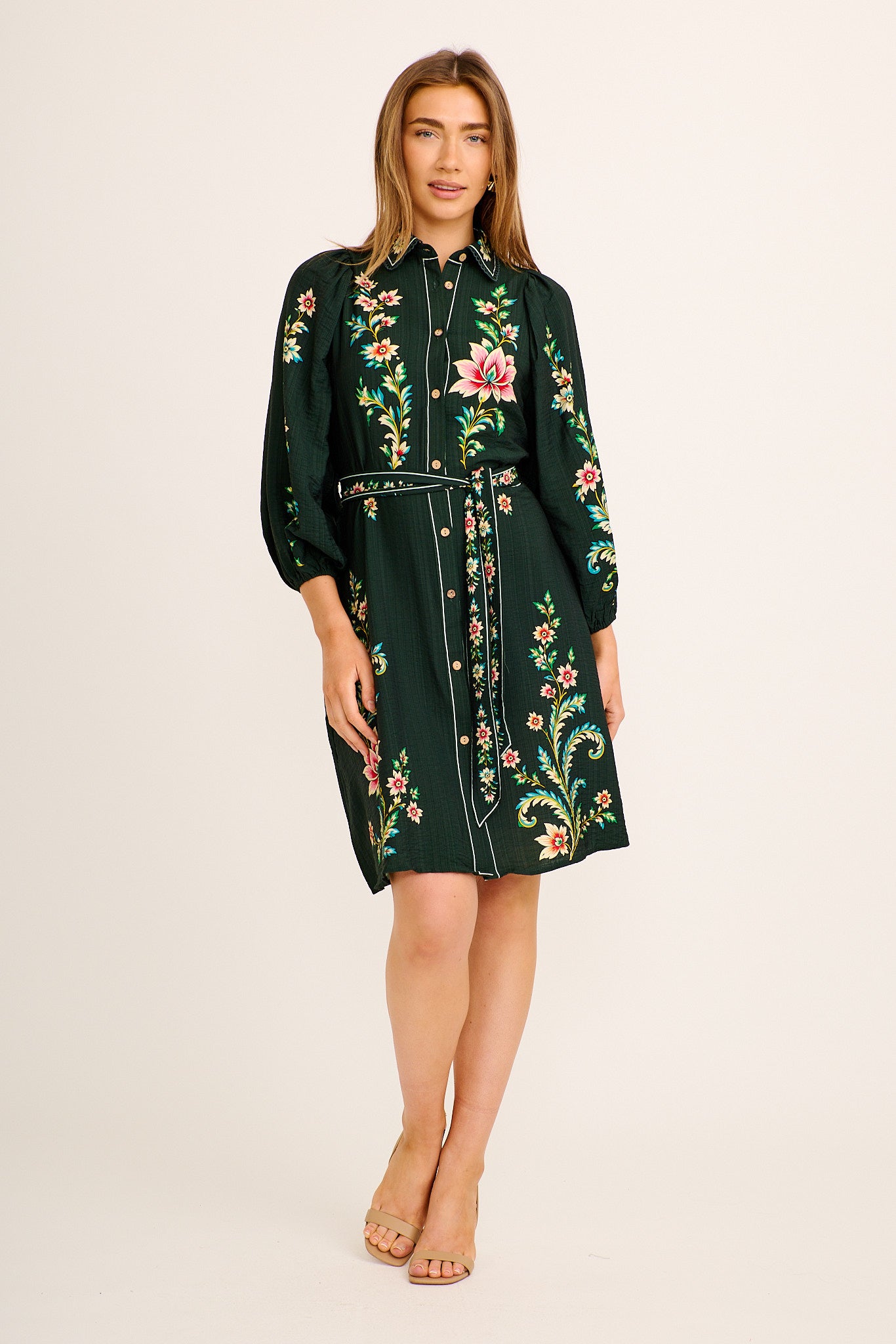 Soraya Shirt Dress in Emerald Floral Linen Blend