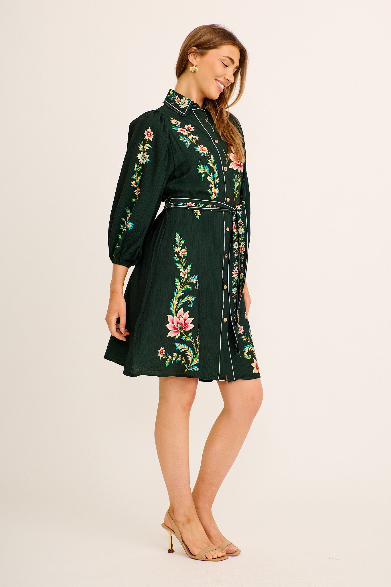 Soraya Shirt Dress in Emerald Floral Linen Blend