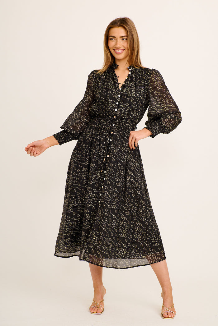 Prudence Midi Dress in Black with Cream Print Cotton Blend