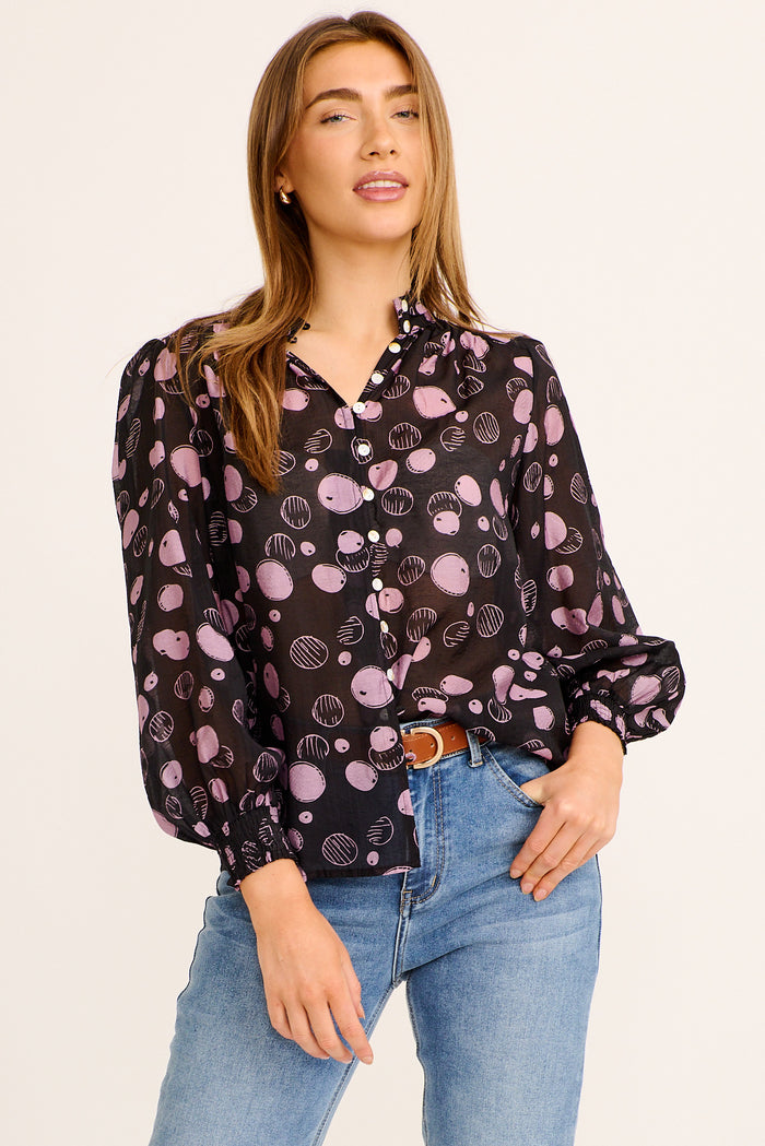 Daphne Top in Ink with Purple Print Cotton Blend