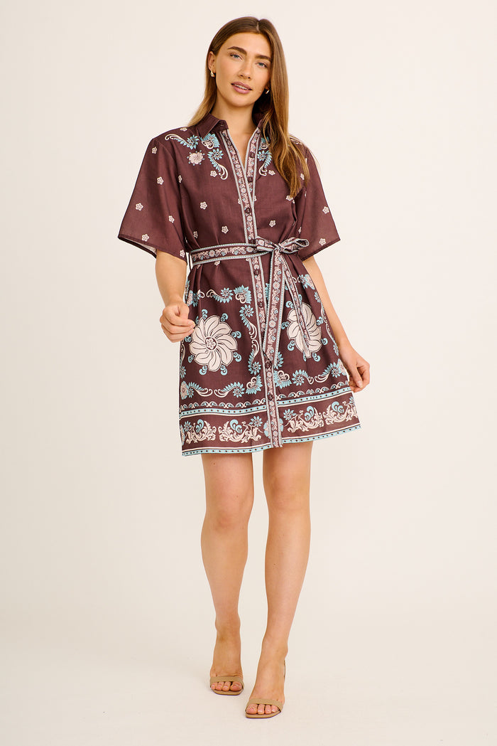 Miela Shirt Dress in Chocolate Placement Print Linen Blend