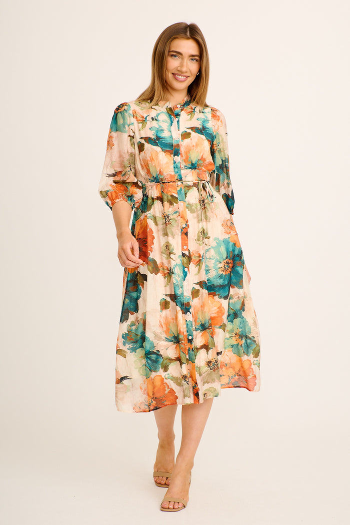 Letta Midi Shirt Dress in Cream with Multi Floral