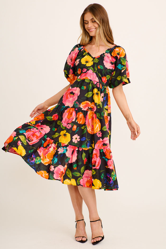 Lania Midi Dress in Black Multi Floral Cotton