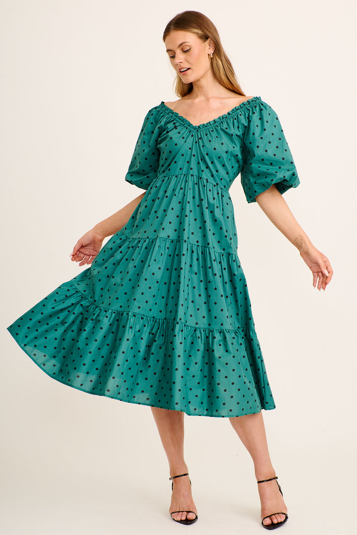 Lania Midi Dress in Emerald with Black Polka Dot