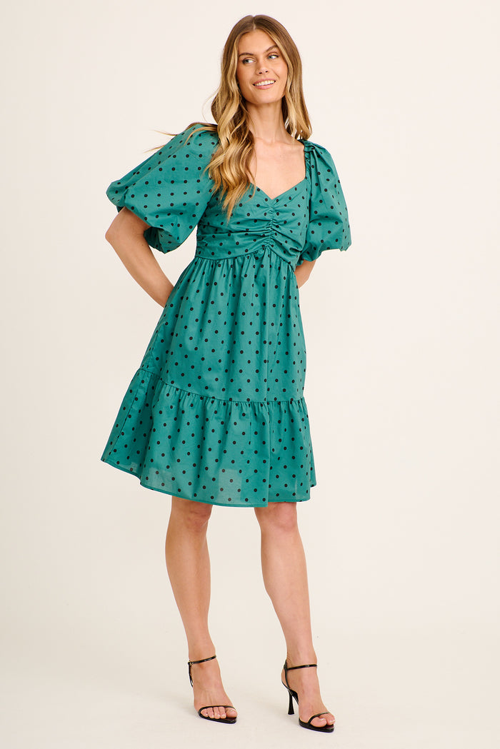 Azaria Dress in Emerald with Black Polka Dot