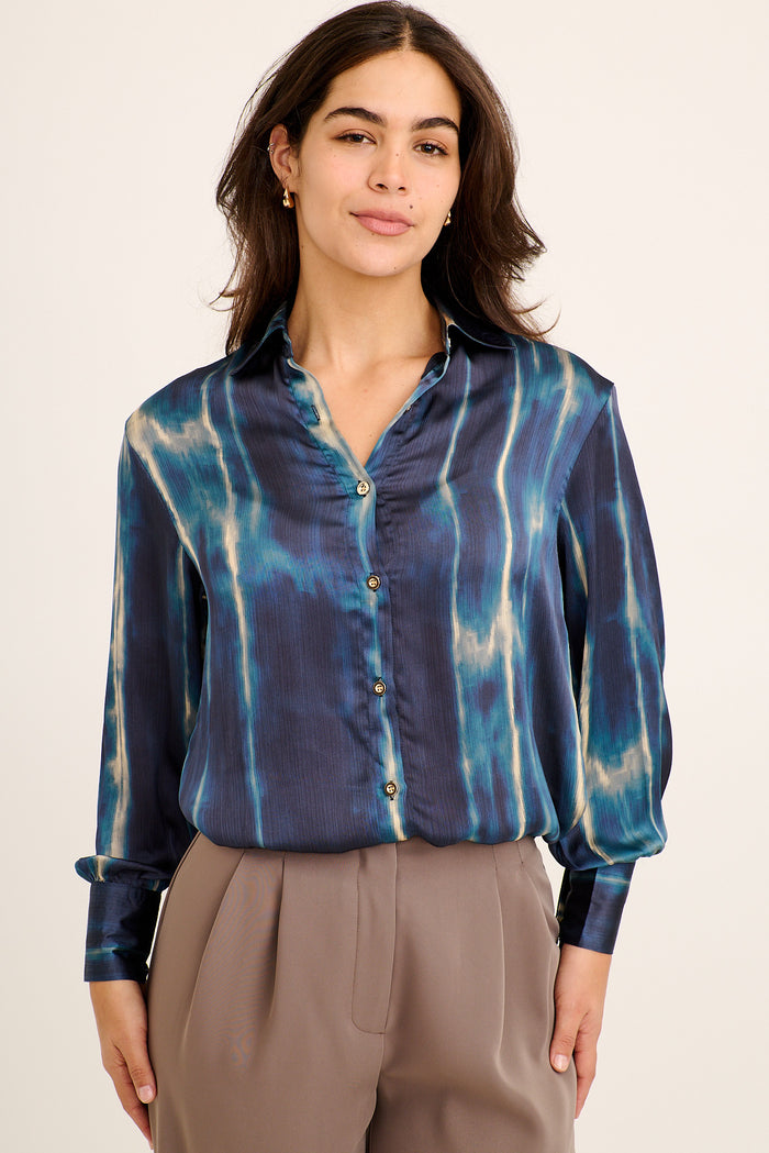 Carmen Shirt in Navy with Blue Watercolour Silk Blend