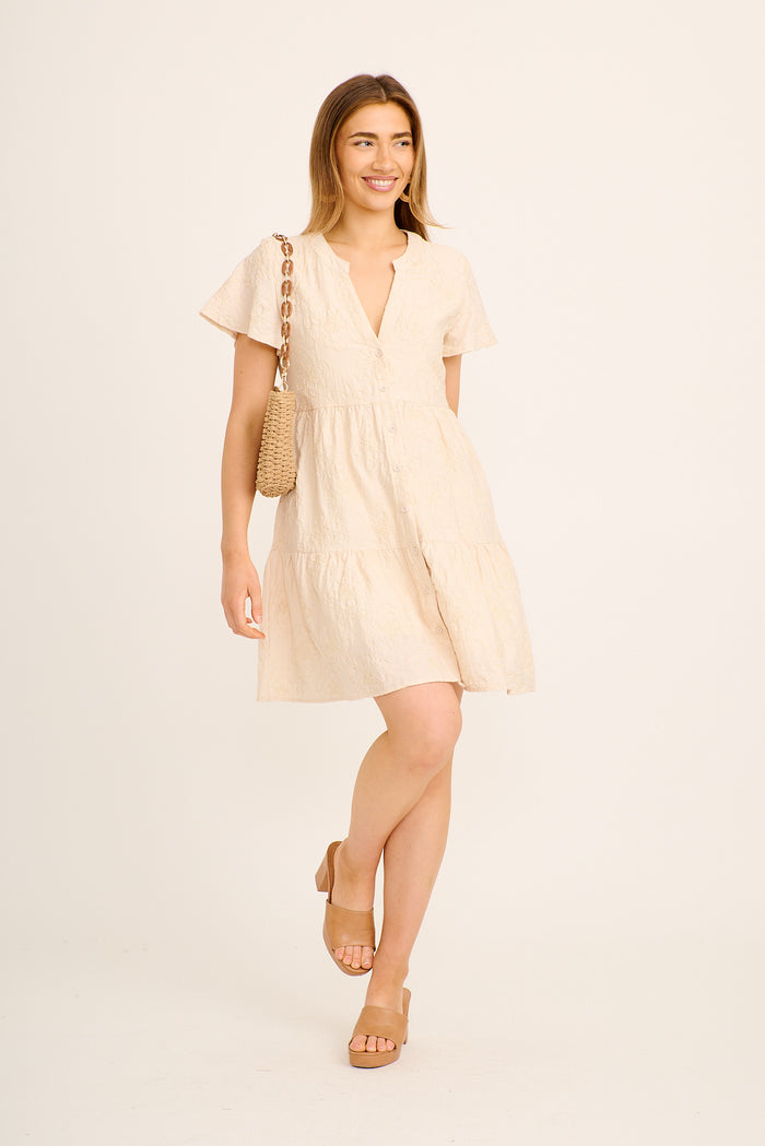 beige smock dress Yovine in Textured Floral Size:2XB Retailers value this piece peach love SHORELINE SWEET NAVY EYELET