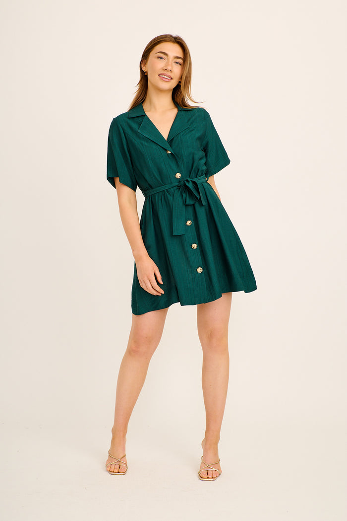 Elinda Emerald Linen Blend Shirt Dress