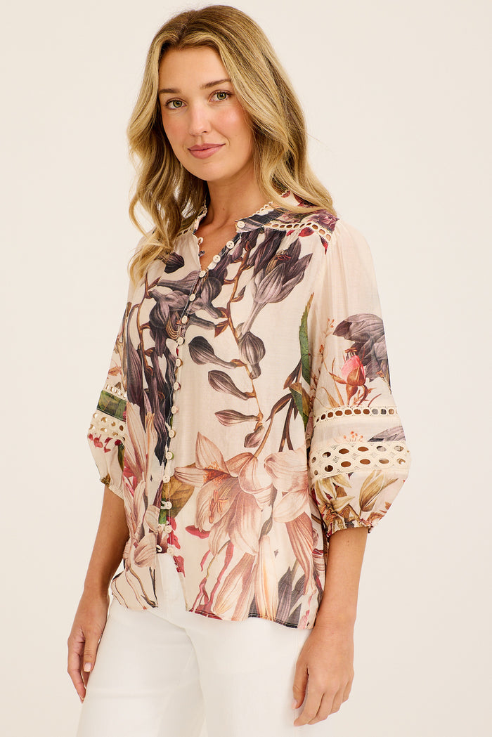 Cream Tropical Floral Top Front