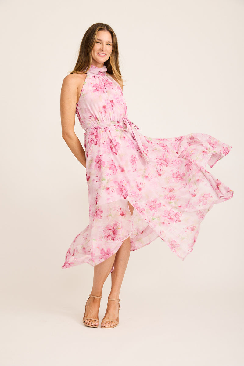 Kiss Me Halter Neck Maxi Dress in Pink Floral