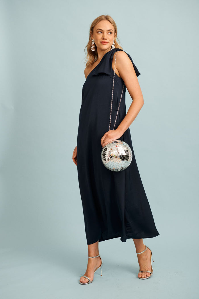 Loyality One Shoulder Maxi Dress in Navy Satin focus shoot side