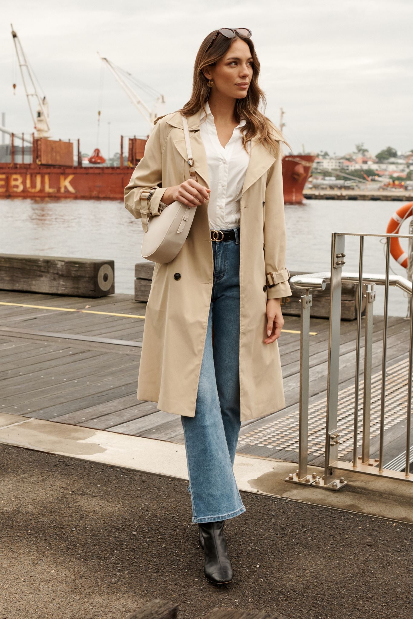 Galilea Trench Coat in Beige focus shoot full length