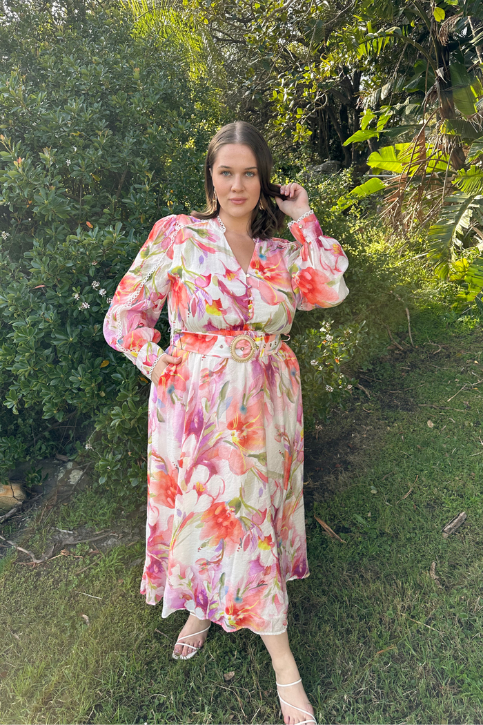 Petal Script Maxi Dress in White with Multi Floral ugc