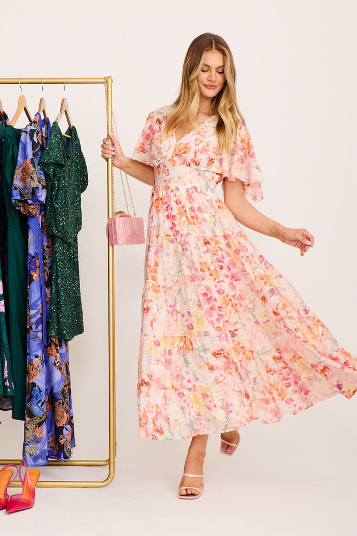 Pastel Symphony Maxi Dress in White with Multi Blush Floral