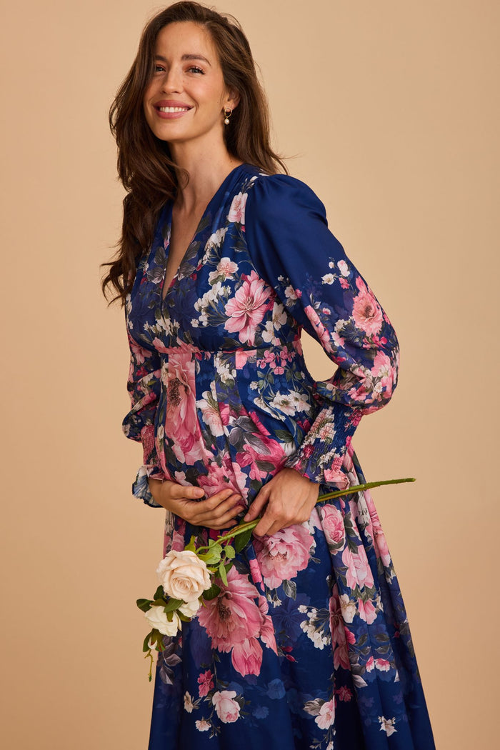 Azzura Maxi Dress in Navy with Pink Floral Cotton Blend focus front