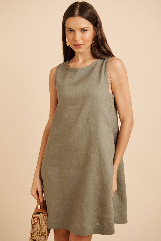 PRE ORDER Island Dreamer Dress in Khaki Linen focus shoot front